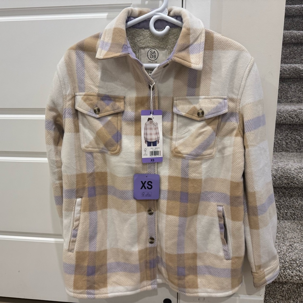 Plaid Teddy Jacket in Cream, Tan, and Purple